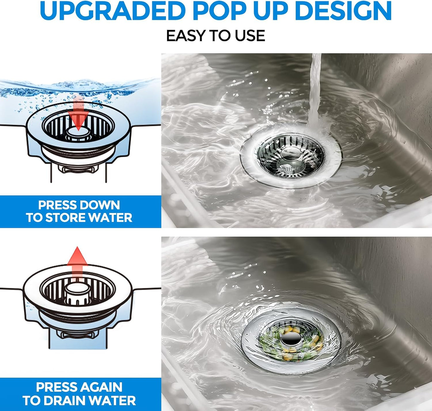 3 in 1 Kitchen Sink Drain Strainer Stopper Removable Basket Pop-Up | Kitchen Sink Food Strainer 1 Pack Silver Stainless - Food Catcher, Odor-Block Seal, Fits 3.5" Drain, Easy Clean