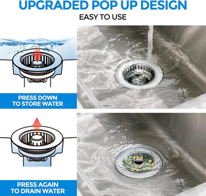 3 in 1 Kitchen Sink Drain Strainer Stopper Removable Basket Pop-Up | Kitchen Sink Food Strainer 1 Pack Silver Stainless - Food Catcher, Odor-Block Seal, Fits 3.5" Drain, Easy Clean