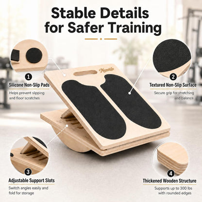 2-in-1 Wooden Slant Board for Calf Stretching & Balance Board | 5-level adjustable calf stretch board for Achilles stretch, ankle mobility, physical therapy, and stability training