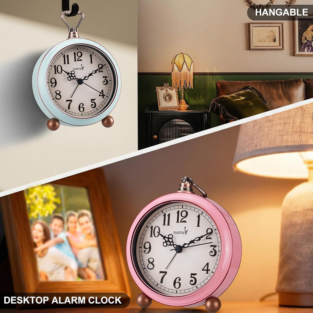 FLOITTUY 4.5" Battery Operated Antique Retro Analog Metal Alarm Clock, Silent Bedside Desk Clock, Wall-Hanging Vintage Clock(Exquisite Bronze)