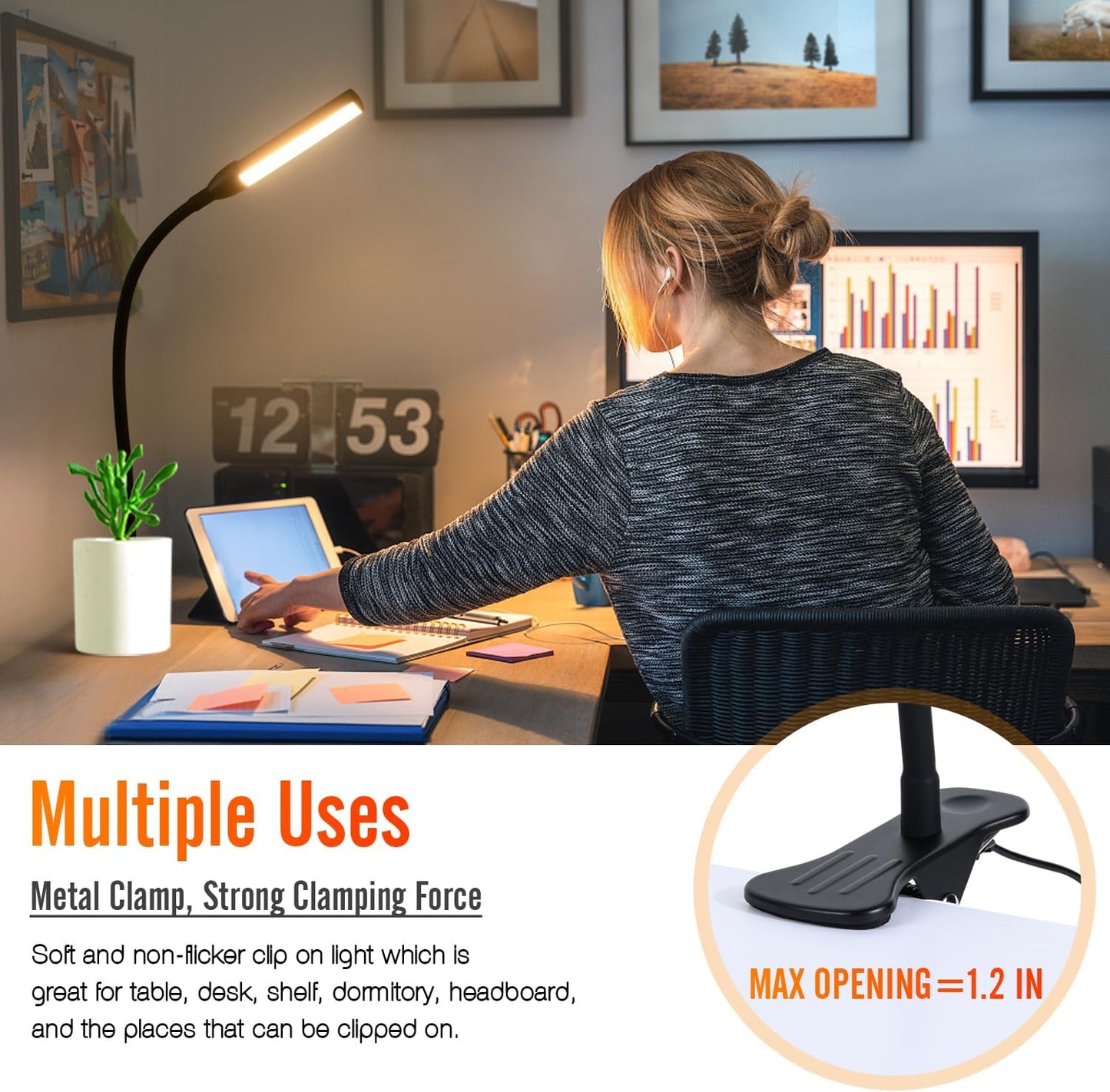 Clip on Reading Lamp, Clip Light, Warm & Daylight & White Light 3 Colors, Eye-Care Clamp Lamp with 10 Dimmable Illumination Modes
