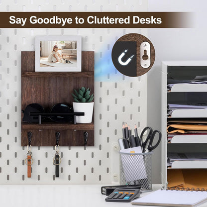 Key Holder Wall Mount, Mail Shelf Decor with 3 Key Hooks, Versatile Wood Wall Organizer for Entryway Hallway (8.2” x 10.6”x 3.6”) (White) | Farmhouse Key Hanger Holds Dog Leash, Sunglasses – Decorative Mail Organizer Home Decor