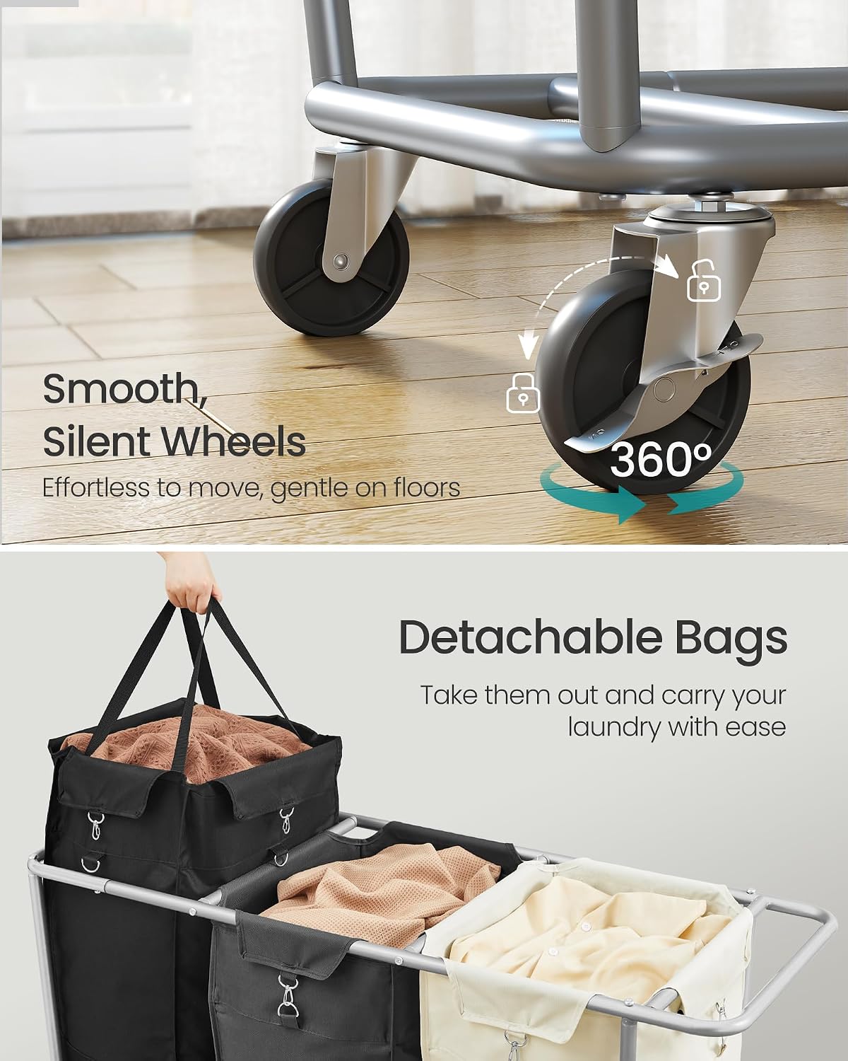 SONGMICS Laundry Basket with Wheels, 3-Section Laundry Sorter, 76.6 Gallons (290 L) Rolling Hamper with Removable Bags, Heavy-Duty Steel Frame, Cream White, Dark Gray and Ink Black URLS010X01