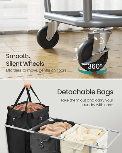 SONGMICS Laundry Basket with Wheels, 3-Section Laundry Sorter, 76.6 Gallons (290 L) Rolling Hamper with Removable Bags, Heavy-Duty Steel Frame, Cream White, Dark Gray and Ink Black URLS010X01