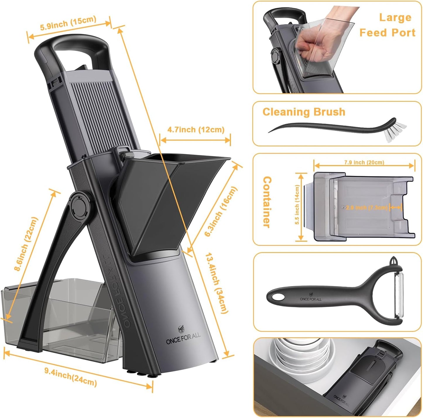ONCE FOR ALL Safe Mandoline Slicer Plus, Bigger Size, Potato Slicer, Black | 0.1-8mm Adjustable Vegetable Food Chopper, Kitchen Mandoline Slicer Stainless Steel, Detachable Blade, Dishwasher-safe, Gift