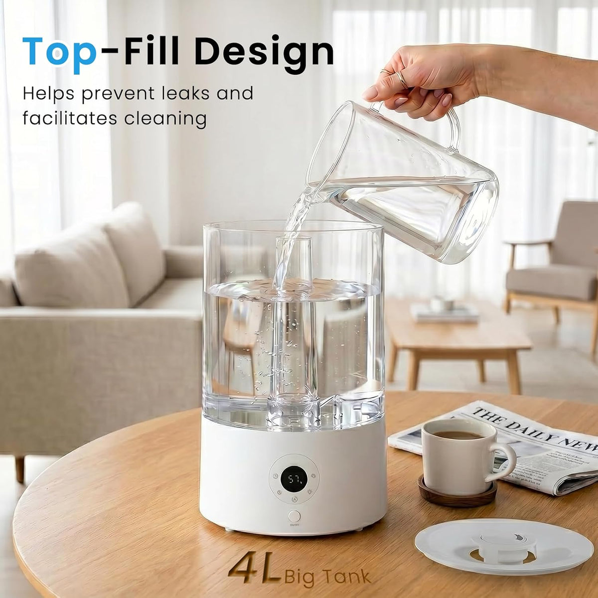 COWSAR Humidifier for Bedroom, 3L Top Fill Cool Mist Humidifier for Large Room, Easy to Fill & Clean, Quiet 22dB, Baby Humidifier, Nightlight, Timer/Sleep Mode, 360° Nozzle, Aromatherapy Tray, White