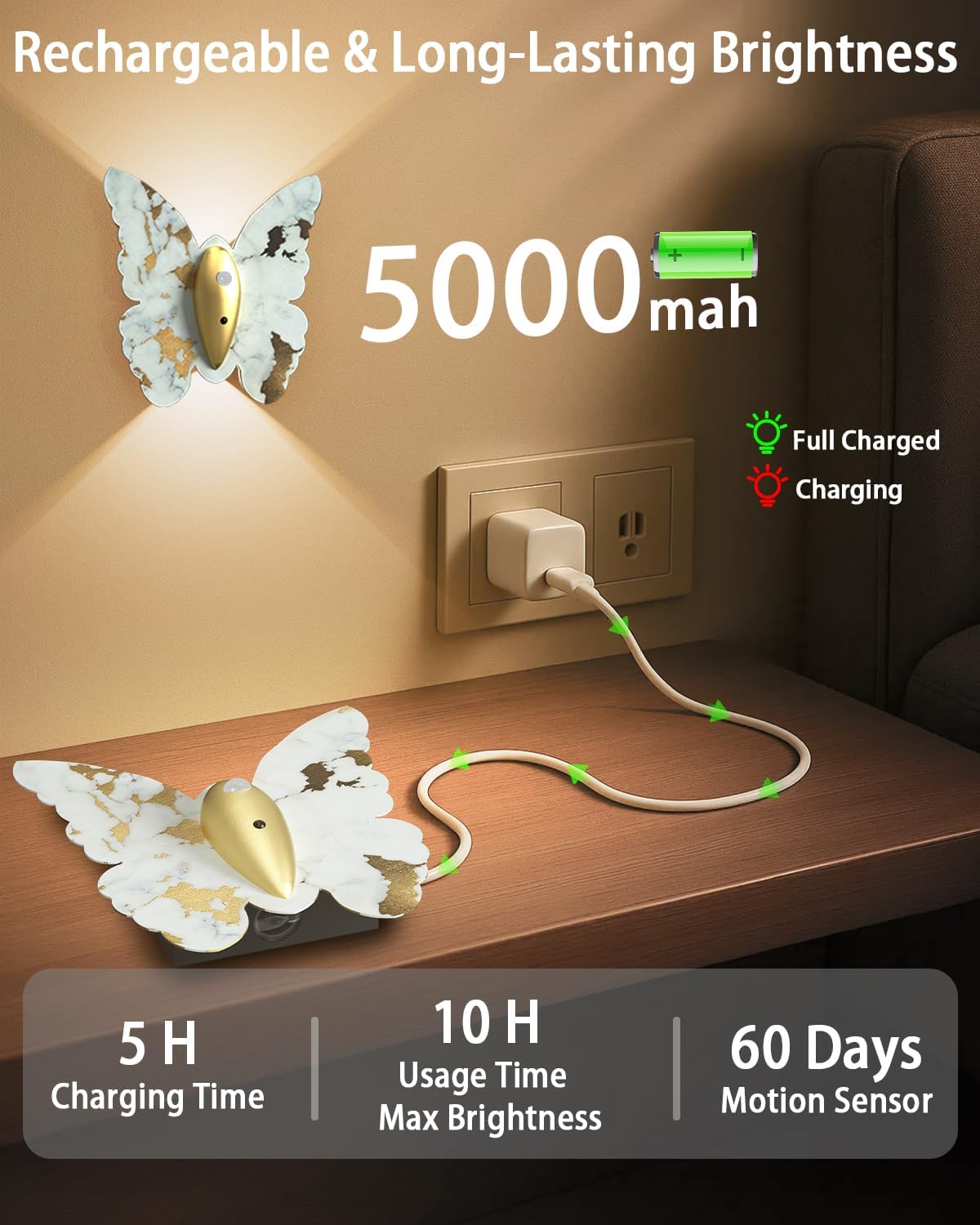 Eneru Motion Sensor Wall Sconce Set of 2, Rechargeable Wall Lights, Indoor