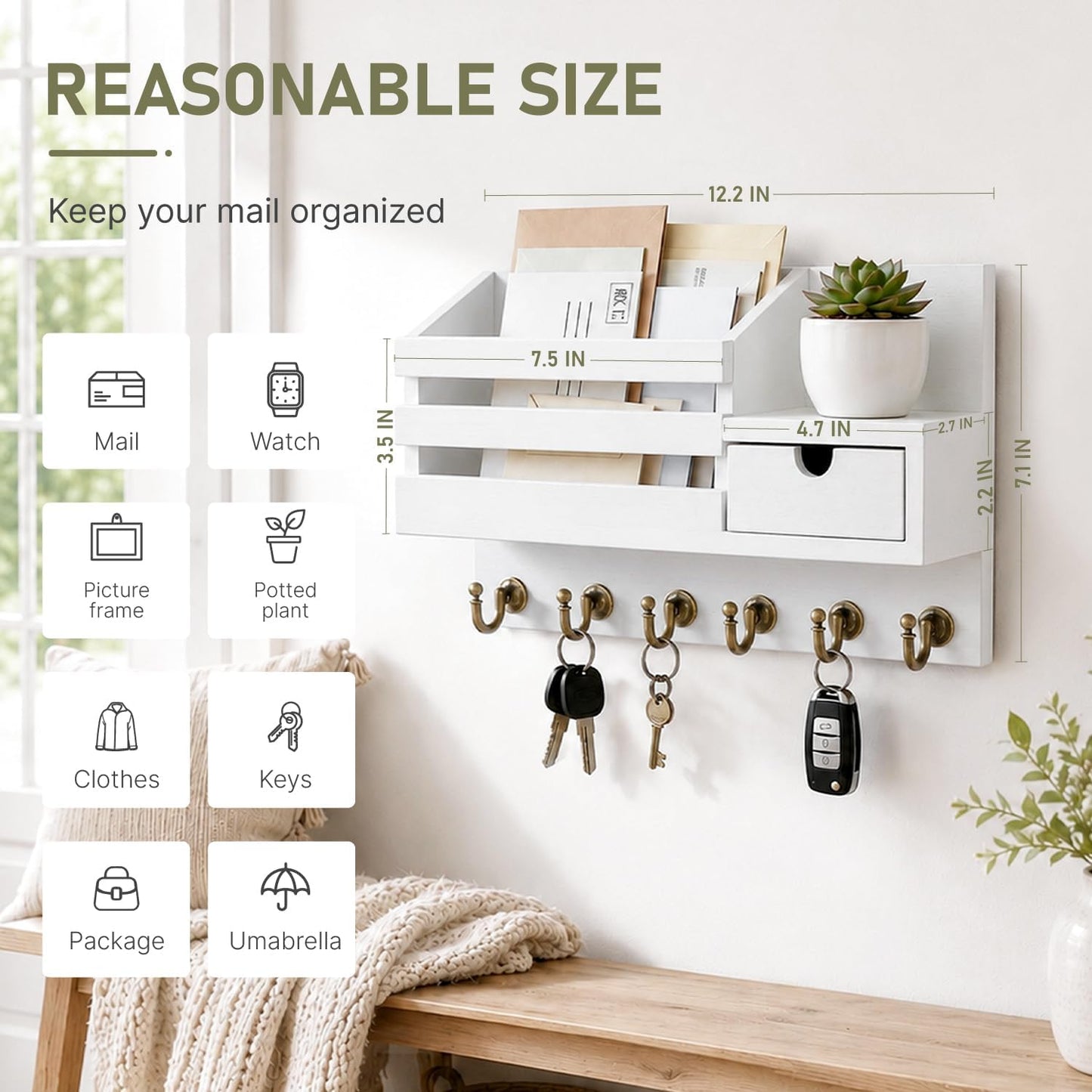 FifthQuarter Key and Mail Holder Wall Mount with Drawer and 6 Sturdy Hooks | Cute Rustic Farmhouse Wooden Key Hanger, Reliable Entryway Organizer for Keys and Daily Essential, Easy Installation, A-White