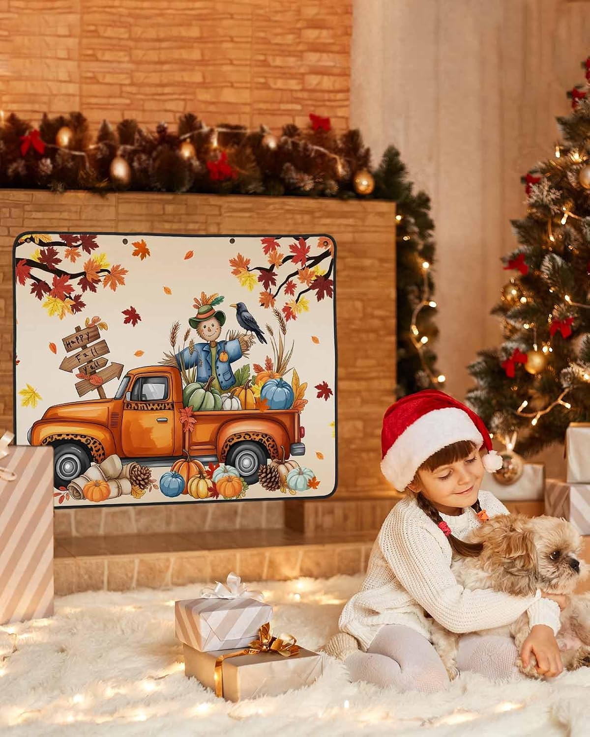Happy Fall Magnetic Fireplace Cover, Fireplace Draft Blocker, Thanksgiving Truck Pumpkin Leaf Scarecrows Fireplaces Blanket for Heat Loss/Cold Air, Fireplaces Draft Stopper Cover for Inside 45''x34''