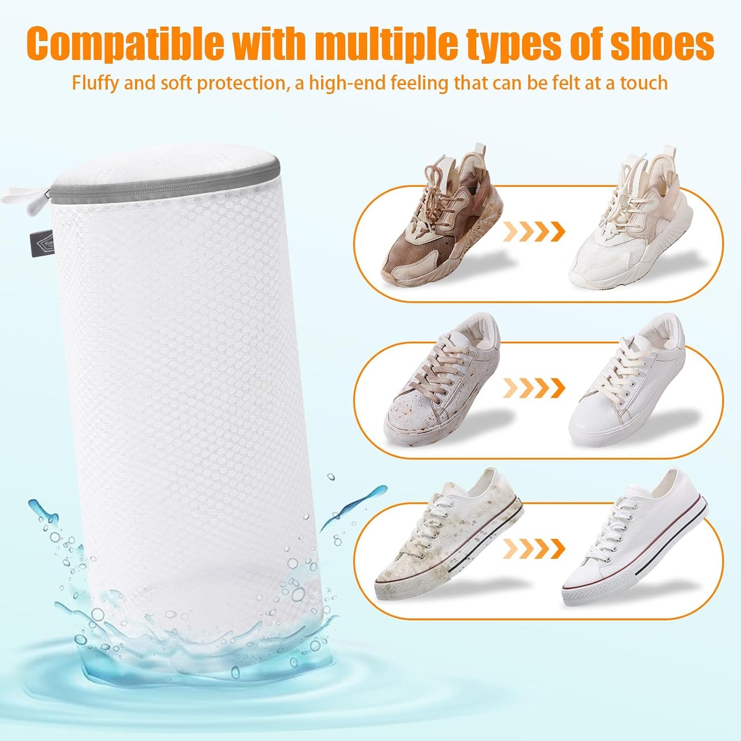 Shoe Washing Machine Bag, Laundry Bag for Sneakers, Orange, 7x15 | Bag to Wash Shoes in Washer and Dryer, for Tennis, Footwear, Trainers, Slippers, Prevent Tangling, Honeycomb Mesh