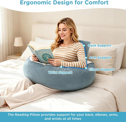 Ergonomic Reading Pillow with Arm & Back Support, U-Shaped | Long Round Lap Pillow, For Side Sleep, Crochet, Game, Work, Siting In Bed & Sofa, Short-pile Fabric, Memory Foam, Dark Grey