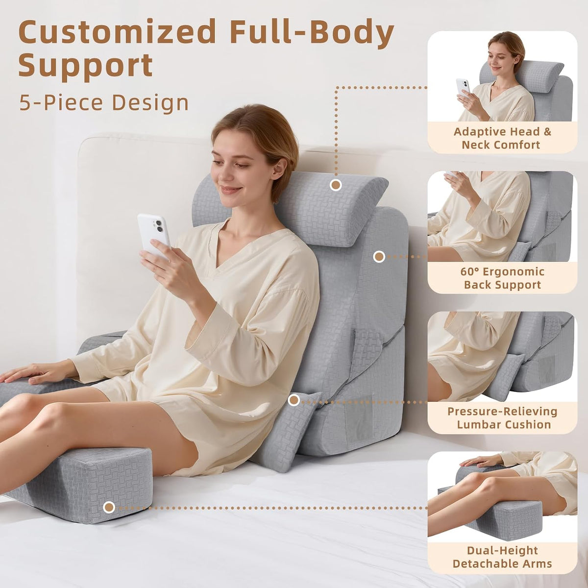 Foldable Reading Pillow for Sitting in Bed Adult, White/Grey, 19"