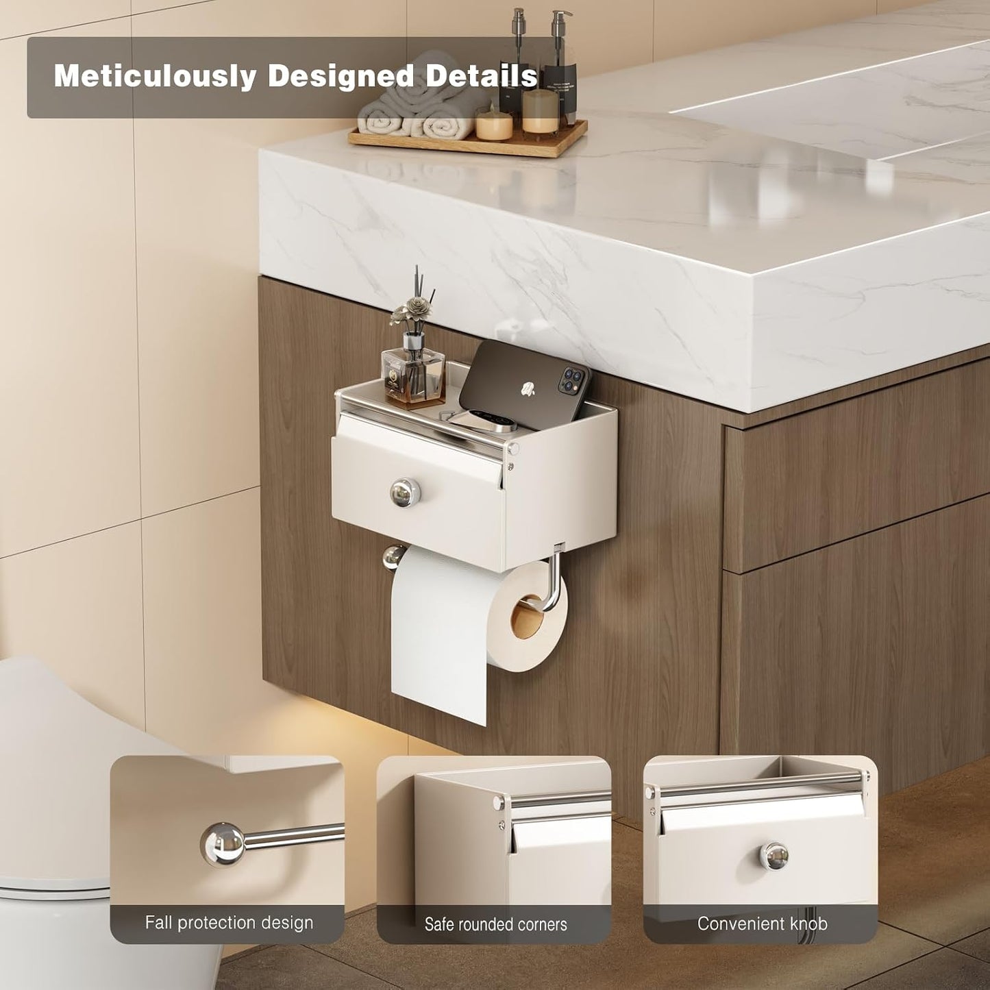 Voldra Toilet Paper Holder with Shelf, Flushable Wipes Dispenser for Bathroom, Adhesive Toilet Paper Roll Holder with Storage Wall Mount Stick On Bathroom Tissue Holder Front Flip Design (Matte Black)