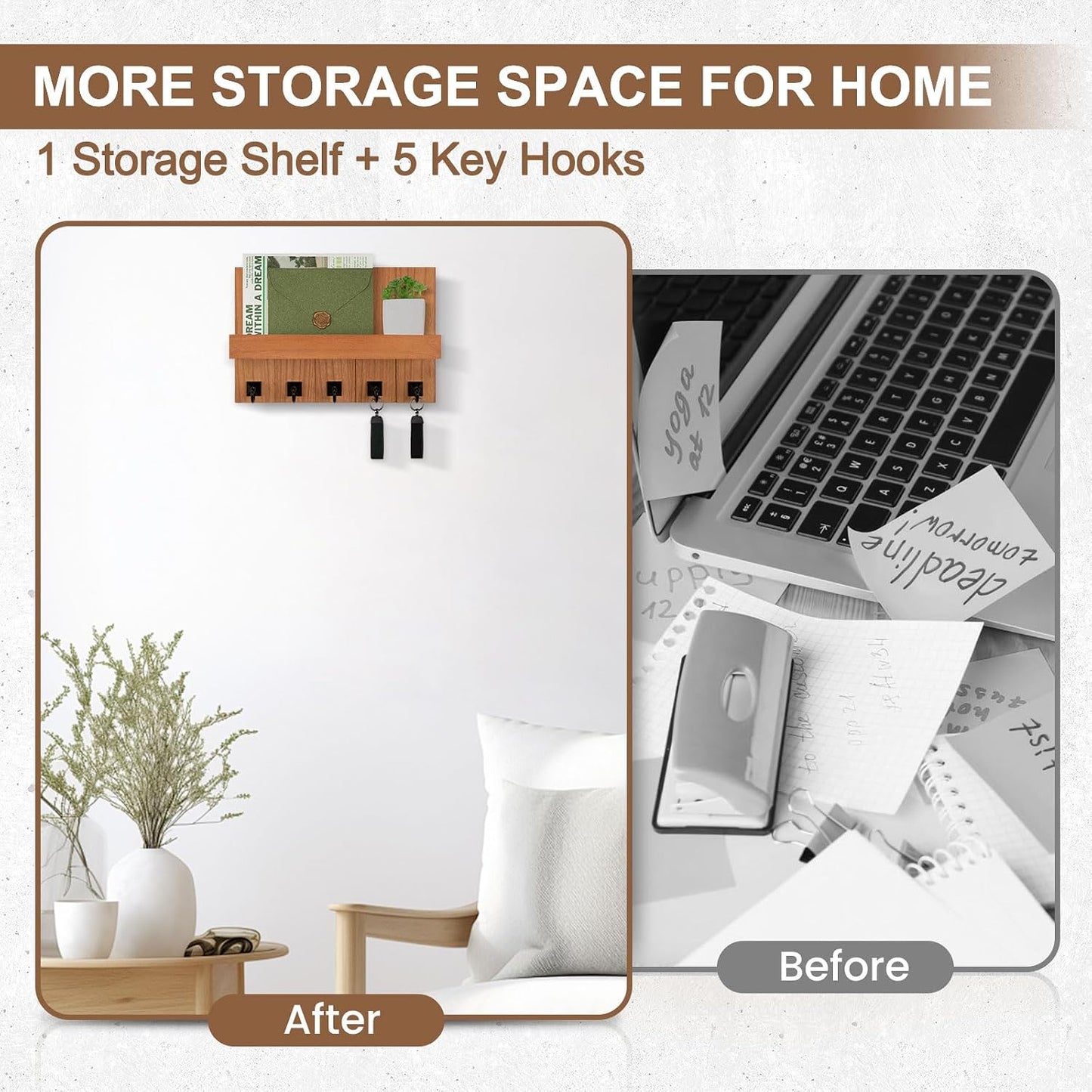 Key Holder for Wall, Decorative Key Holder with Shelf | Key and Mail Holder Wall Mount, Farmhouse Decor with 5 Key Hooks for Keys, Coats, ect.