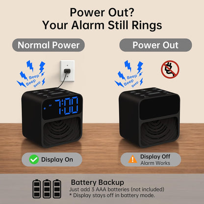 AuroraCalm Extra Loud Alarm Clock for Heavy Sleepers with 115dB Alarm | Red Flashing Light Backup to Help Prevent Oversleeping - Dual Alarm for Teens Adults Shift Workers in Bedroom - Black