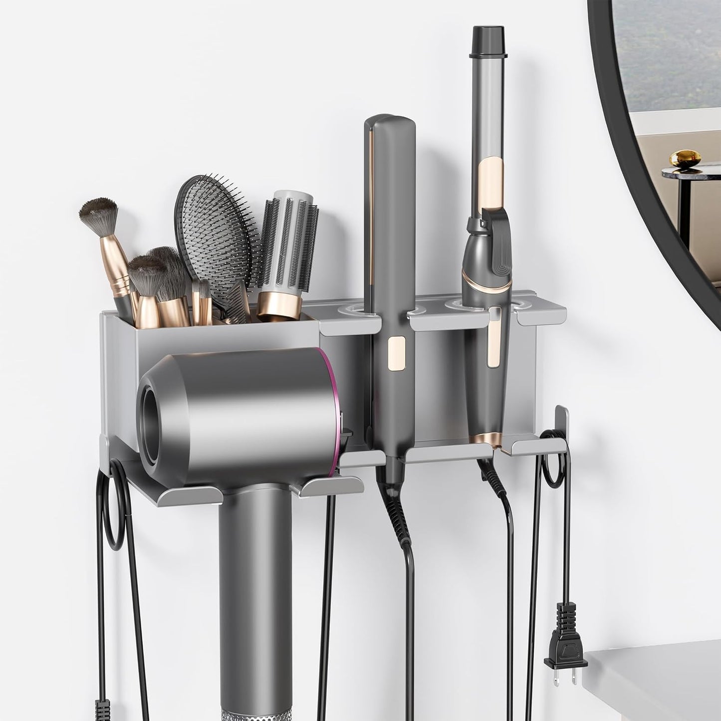 Hair Dryer Holder, Hair Tool Organizer Wall Mount, Adhesive or Drill, White | Blow Dryer Holder for Dryer Hook, Straightener Curling Irons Hairdryer Hair Appliance Hanger for Salon Bathroom Wall Storage
