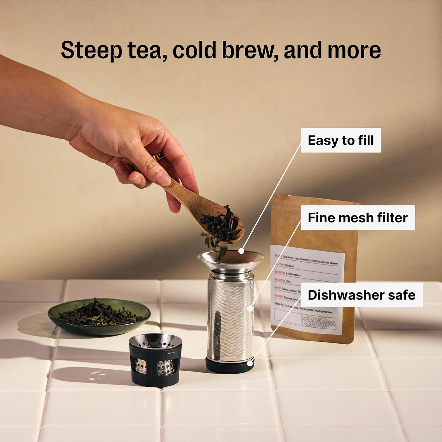 Fellow Carter Tea Infuser for Loose Leaf Tea and Cold Brew - Fine Mesh | Stainless Steel Tea Steeper, Dishwasher Safe, Snaps Into Carter Mug 16 oz, Drip Tray Included, Tea Diffuser for Mugs