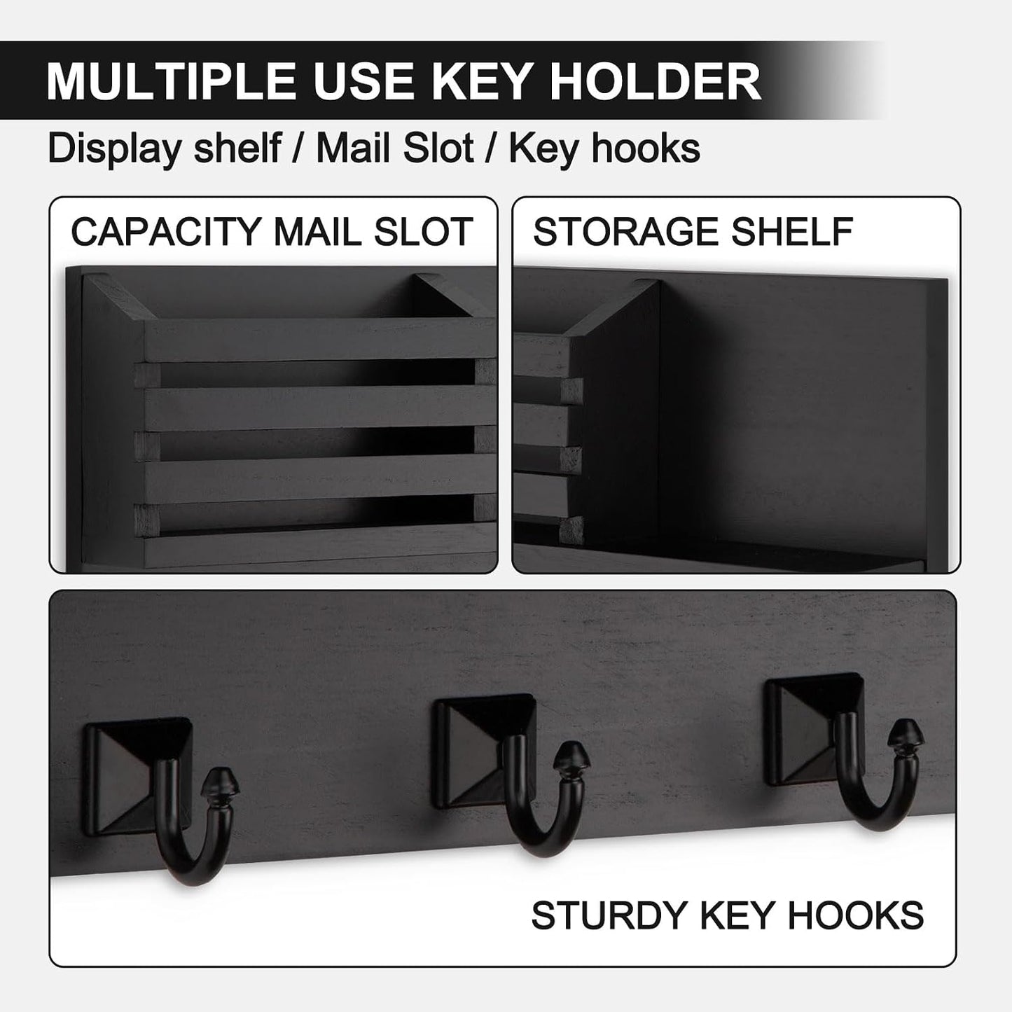 Key Holder Wall Mount, Mail Organizer for Wall with 5 Square Key Hooks | Key Holder for Wall, Key Holder with Shelf Farmhouse Home Decor for Home Entryway