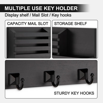 Key Holder Wall Mount, Mail Organizer for Wall with 5 Square Key Hooks | Key Holder for Wall, Key Holder with Shelf Farmhouse Home Decor for Home Entryway