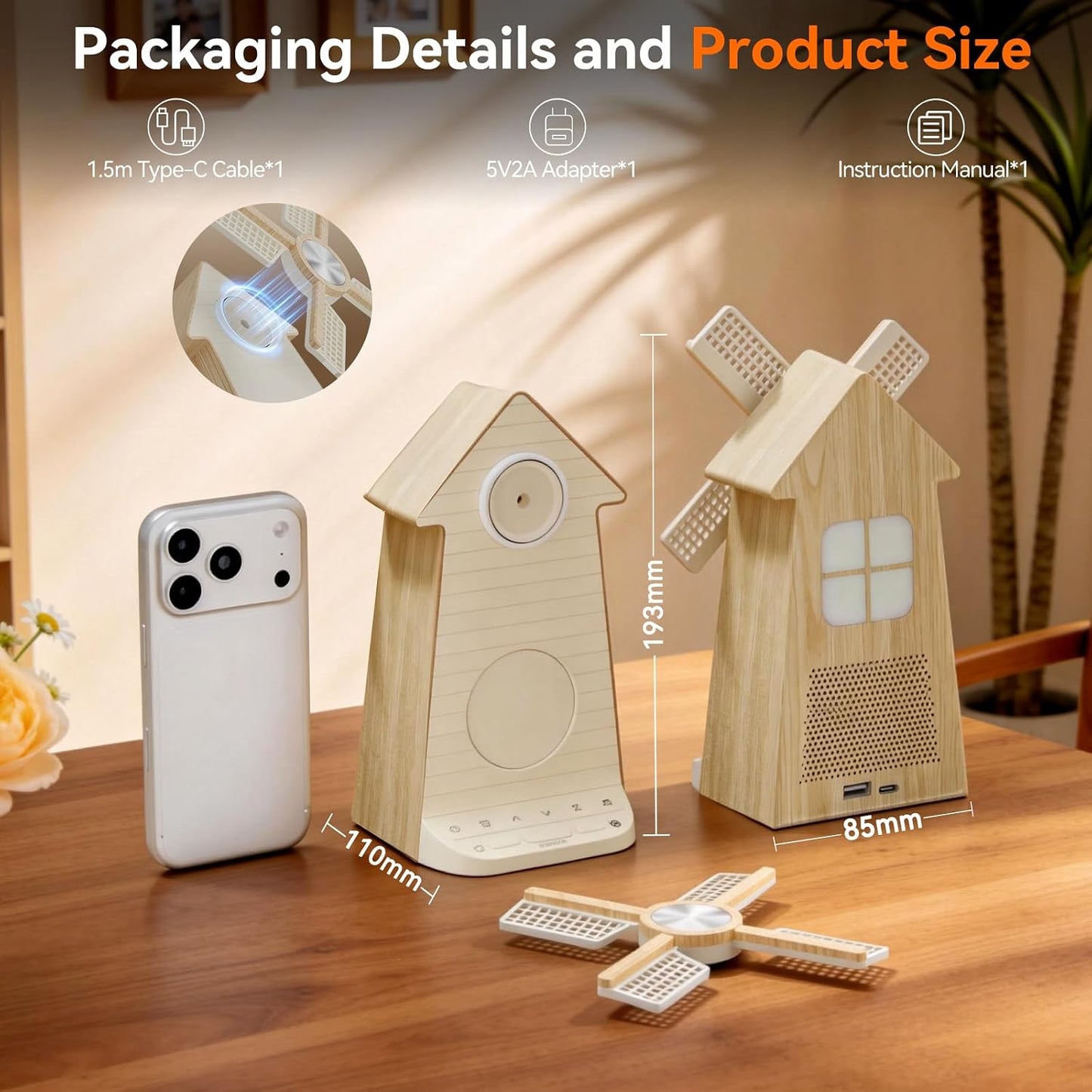 Sunrise Alarm Clock with Rotating Windmill, White Noise Machine for Sleeping with 20 Soothing Sounds, Sound Machine Alarm Clock for Bedrooms Kids Adults, 3-Level Night Light, USB Charger Port