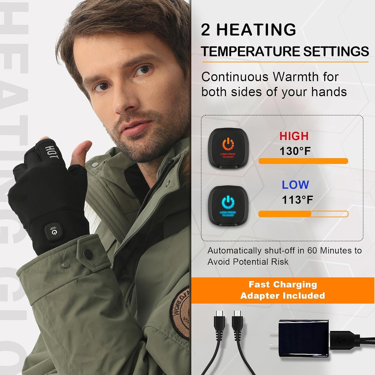 Heated Gloves Fingerless for Women Man with 3.7V 3000mAh Battery Cordless Work Touchscreen Gloves for Winter Cold Weather Rechargeable Electric