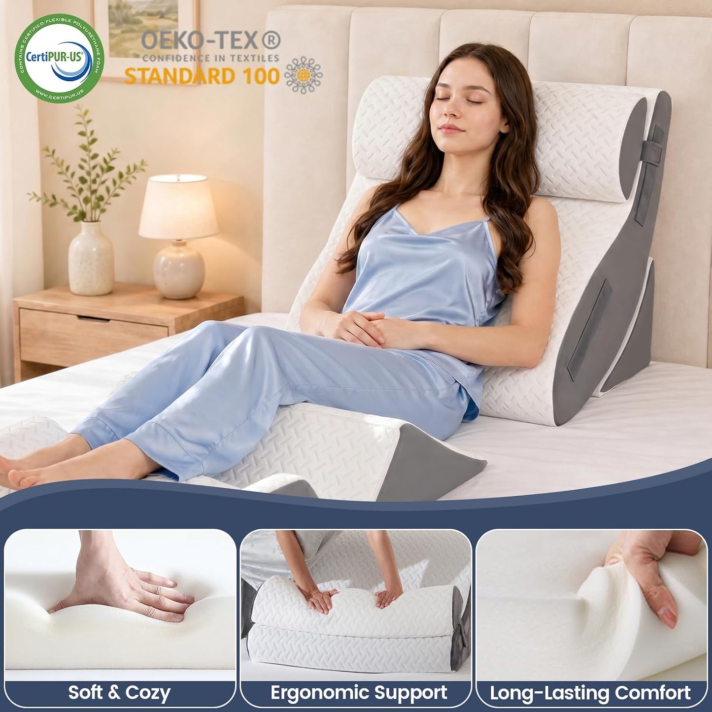 5PCS Wedge Pillow Set for After Surgery, Adjustable Orthopedic Foam Bed Wedge Pillow for Acid Reflux, GERD & Heartburn Relief, Back & Leg Elevation Support for Sleeping & Sitting Up, White Grey