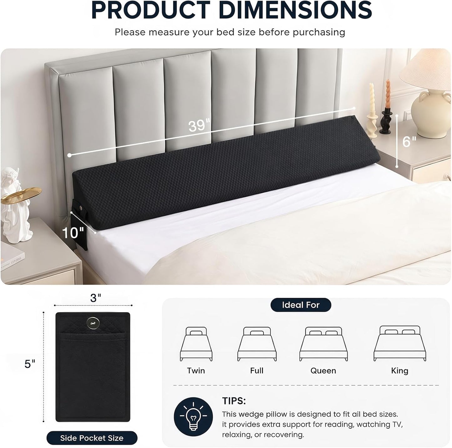 King Size Bed Wedge Pillow for Headboard/Gap Filler Prevent Things Drop | Long Triangle Edge Corner Pillow for Bed Gap Filler King Couch Apartment Home Essentials, Dense Foam, Pockets,10x6x76in Black