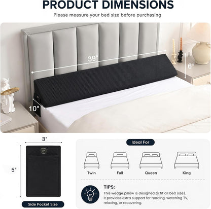 King Size Bed Wedge Pillow for Headboard/Gap Filler Prevent Things Drop | Long Triangle Edge Corner Pillow for Bed Gap Filler King Couch Apartment Home Essentials, Dense Foam, Pockets,10x6x76in Black