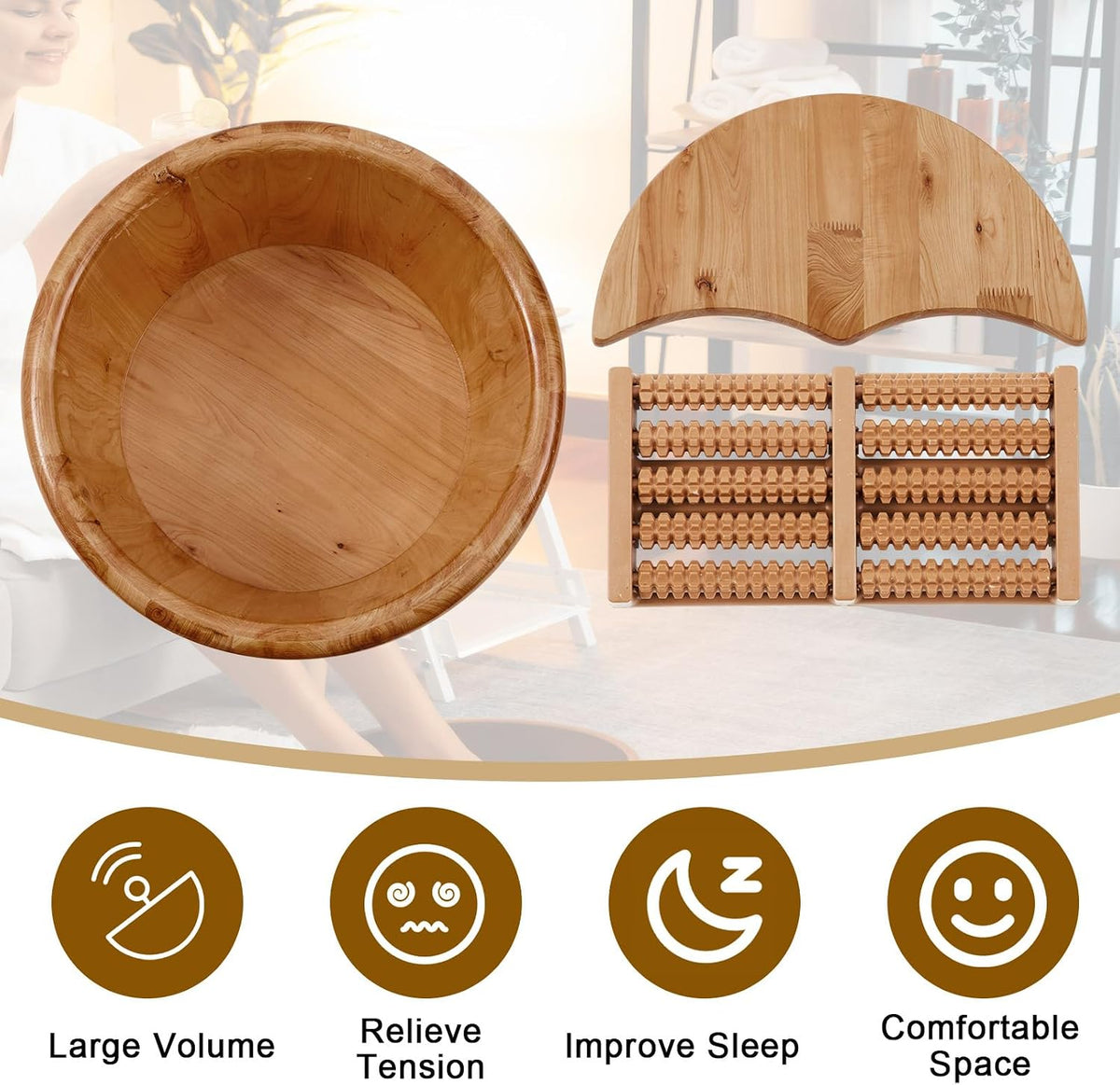 Geelin 10.24 Inch Tall Wooden Foot Bath Bucket with Massage Roller and Lid, Thick Insulated Wooden Foot Basin for Relaxation, Massage Soles, Suitable for Families, Athletes and Elderly (Wood)
