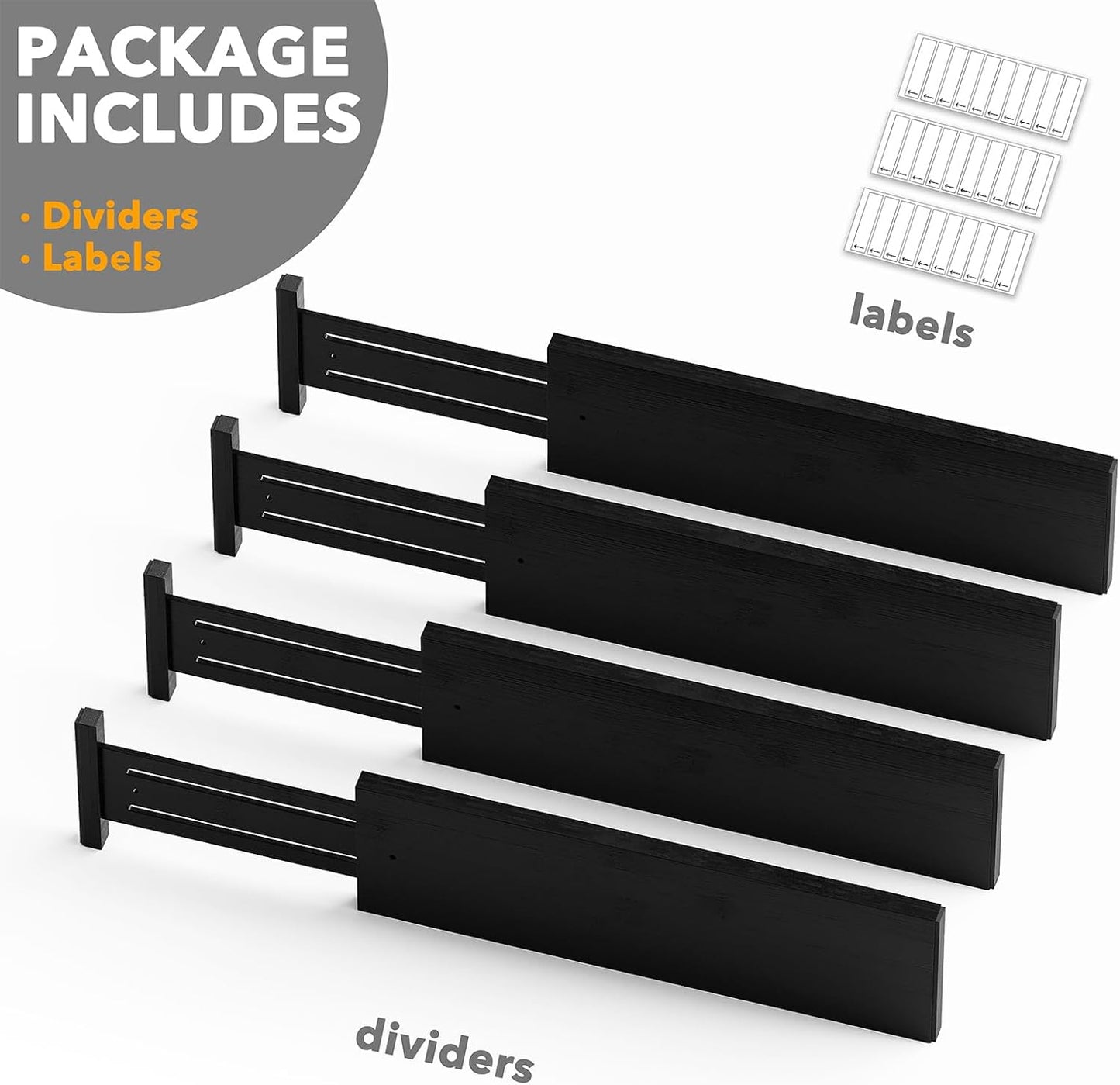 SpaceAid Bamboo 4 Pack Dresser Drawer Dividers, 4.65“ High Adjustable 12.5“-17” Drawer Organizers, Expandable Organization for Clothing, Clothes, Dressers, Black