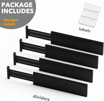 SpaceAid Bamboo 4 Pack Dresser Drawer Dividers, 4.65“ High Adjustable 12.5“-17” Drawer Organizers, Expandable Organization for Clothing, Clothes, Dressers, Black
