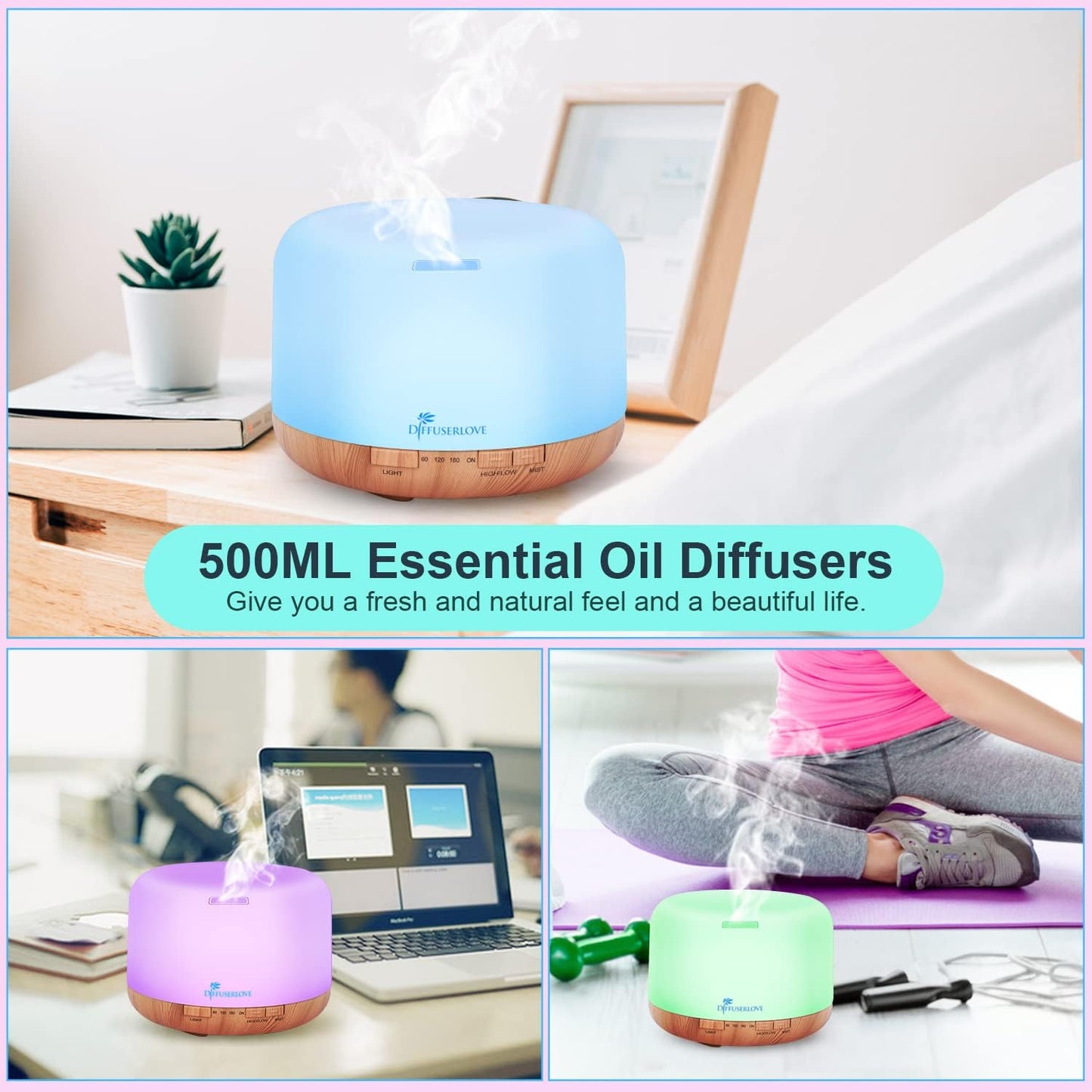 Diffuserlove Essential Oil Diffuser 500ML Aromatherapy Diffuser Mist Humidifiers 7 Color LED Lights Diffusers for Home Office Bedroom (Size:6.7" L x 6.7" W x 4.7" H)