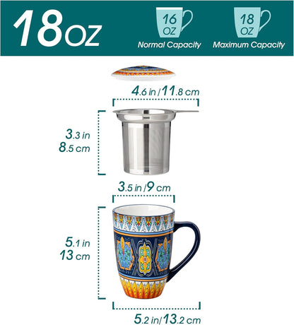 vancasso 18 Oz Tea Infuser Mug with Lid, Mint Petal Whirl | Eye catching Bohemian pattern, adds charm to any tea corner, ceramic mug with infuser, microwave and dishwasher safe