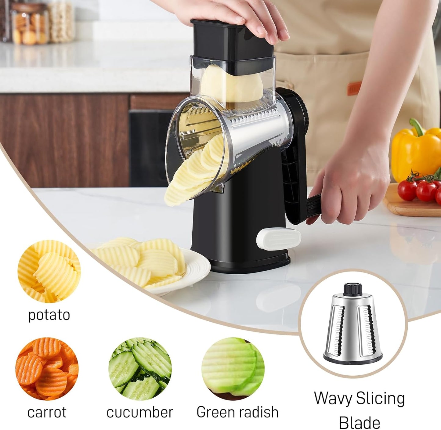 Weltonhm 4 in 1 Large Rotary Cheese Grater Hand Crank (black, 3 Graters) | Cheese Shredder Rotary and Slicer with 4 Stainless Steel Blades for Vegetables, Veggie and Cheese, Stronger Suction Base