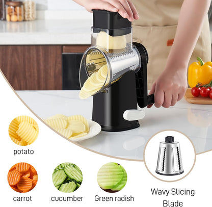 Weltonhm 4 in 1 Large Rotary Cheese Grater Hand Crank (black, 3 Graters) | Cheese Shredder Rotary and Slicer with 4 Stainless Steel Blades for Vegetables, Veggie and Cheese, Stronger Suction Base