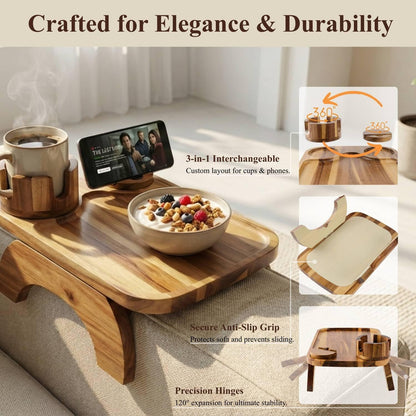 Couch Armrest Table, Acacia Wood Sofa Arm Tray with 360° Rotating Phone & Cup Holder, Clip-On Arm Rest Table for Couch, Anti-Slip Armrest Tray for Snacks & Drinks, 15.4" x 9.8"