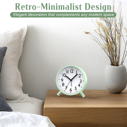 Analog Alarm Clock Night Ligh Battery Operated for Bedroom | Snooze 5mins Clear 94mm Case Silent Sweep under 20dB Decor for Desk Nightstand Office Ideal Gift for Senior Students Travel