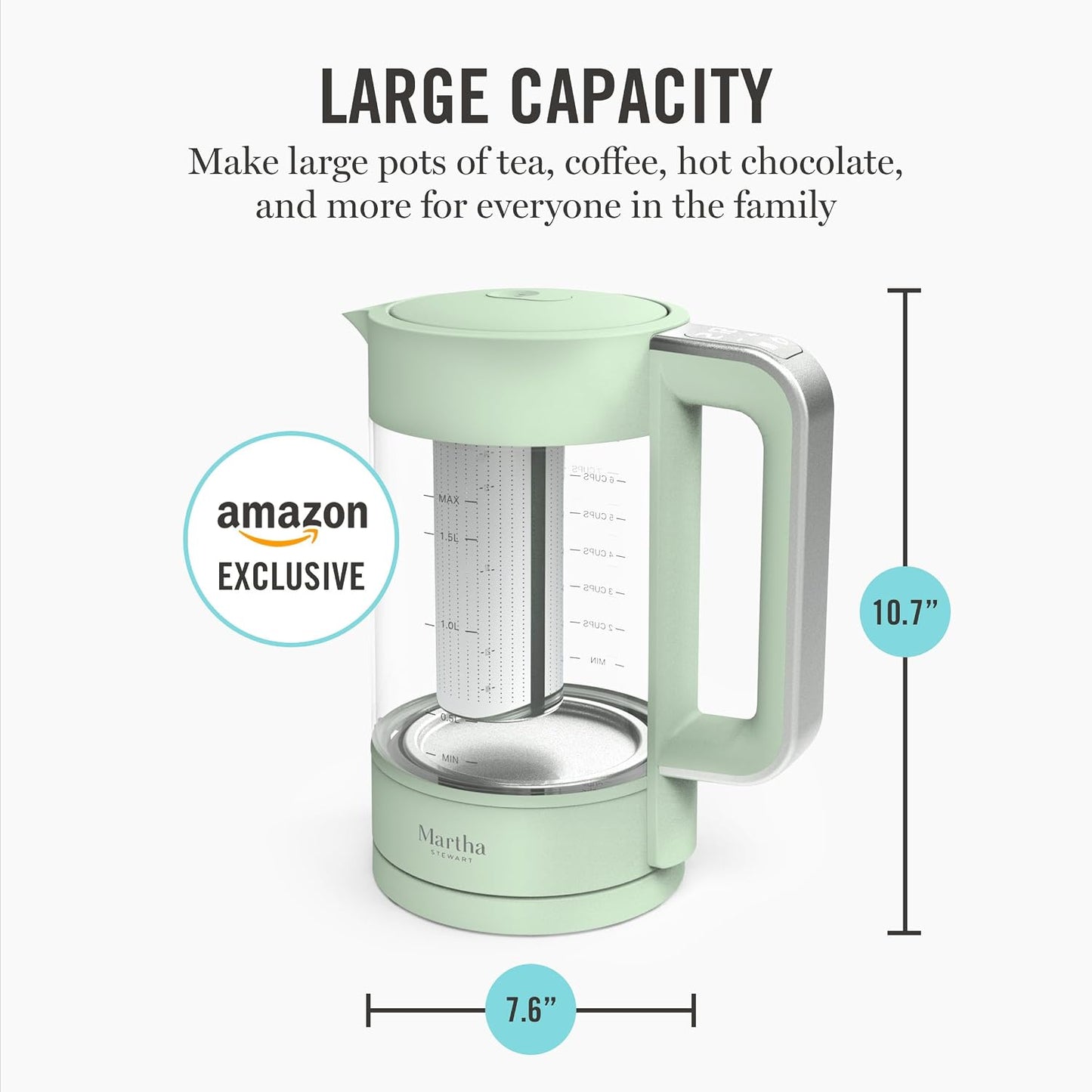Martha Stewart 1.7L Glass Carafe Electric Kettle with Removable Tea Infuser | 7 Cups, 4 Presets, Rapid Boiling, Stainless Steel Tea Leaf Infuser, Cordless Swivel Base, Keep Warm, Auto Shut-Off, Linen