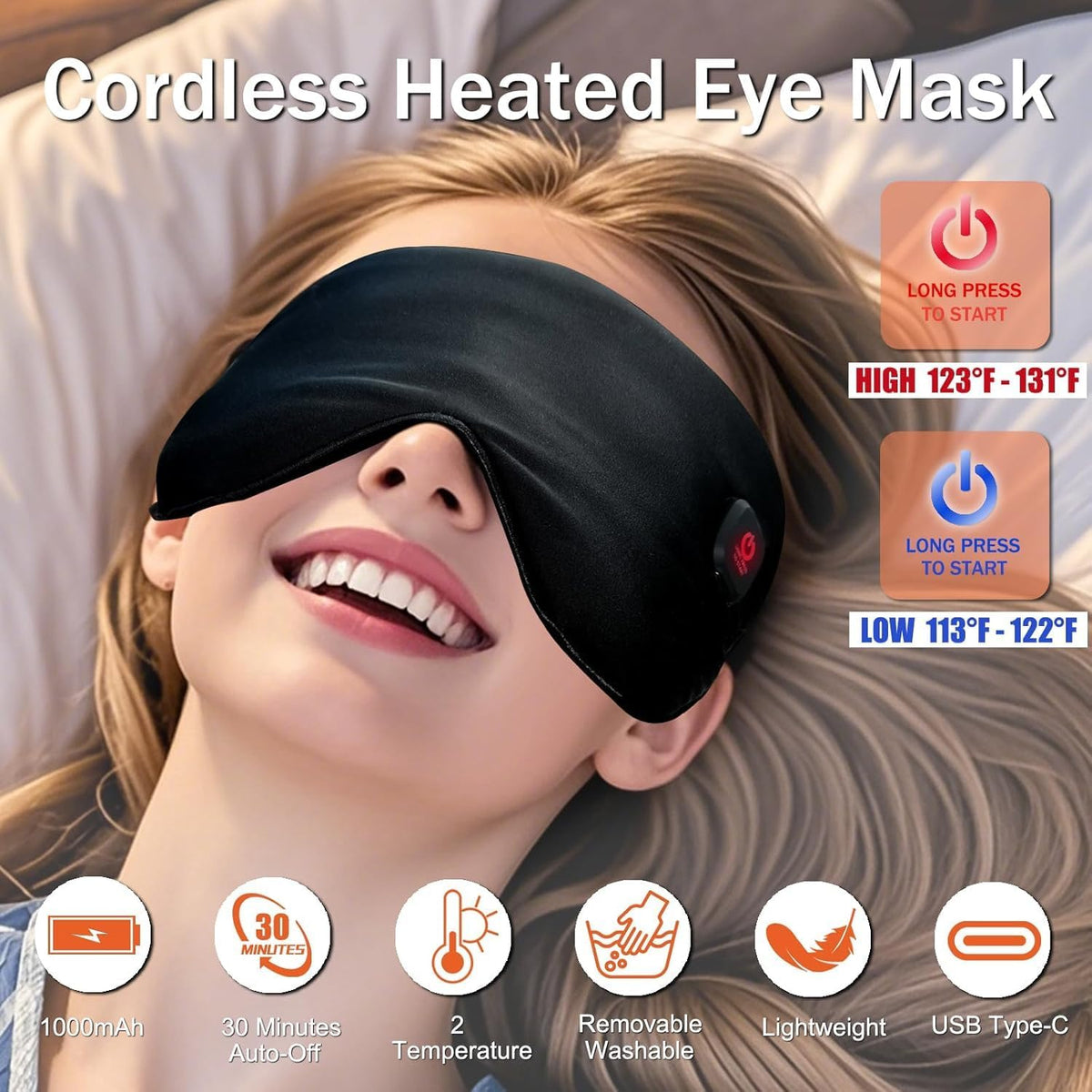 Silk Cordless Heated Eye Mask for Dry Eyes, Light Blocking Warm Eye Compress, Improved Sleep, with 3 Heat Settings, Washable Heating Pad for Migraine, Travel, Rechargeable, Men Women