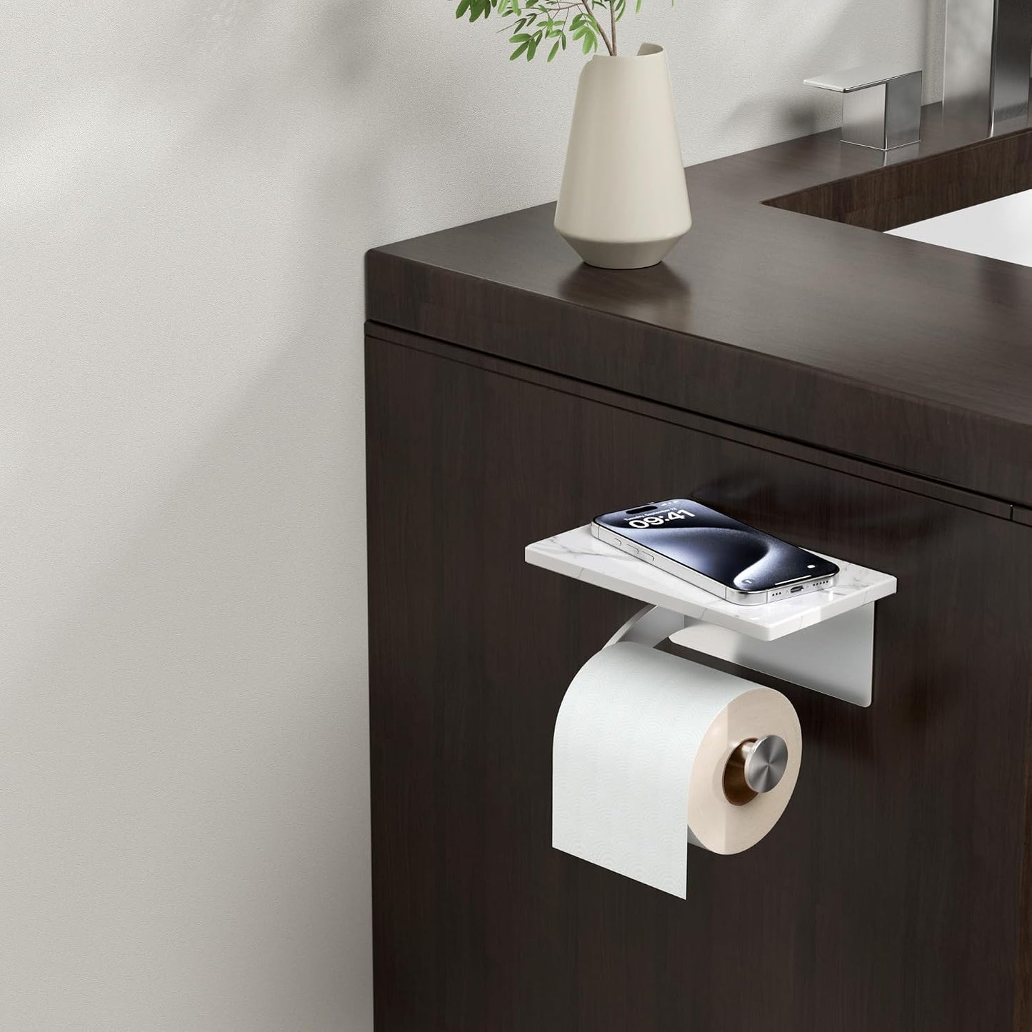 FORIOUS Toilet Paper Holder with Shelf, Natural Marble, Commercial | Brushed Nickel, Wall Mount 304 Stainless Steel Commercial Bathroom Tissue Roll Dispenser, Heavy Duty Washroom Paper Storage