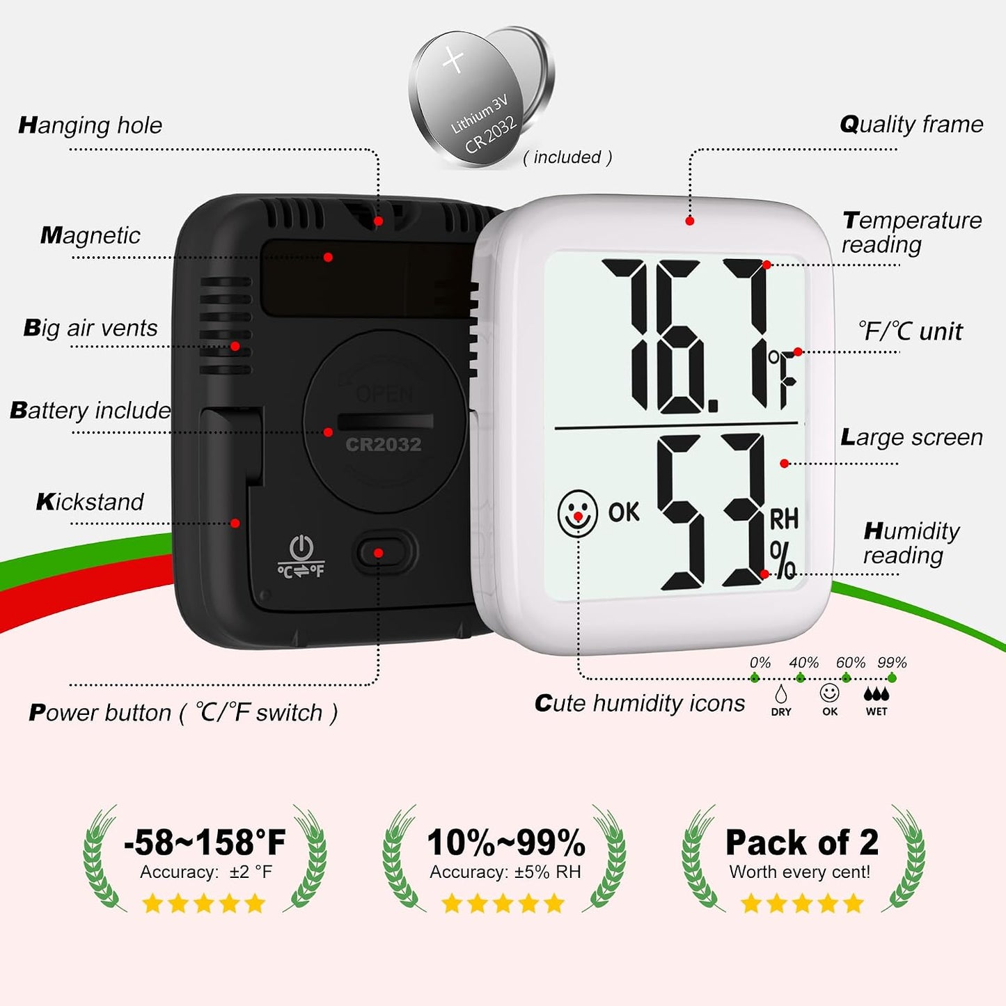2 Pack Room Thermometer Indoor Hygrometer | Monitor Temperature & Humidity, Accurate, Fast Read, Easy To View, Magnetic/Kickstand/Hanging, ℉/℃, w/ Battery, Compact