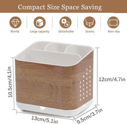 Bathroom Toothbrush Holders, Toothbrush and Toothpaste Holder (Wood Grain) | Easy To Clean, Drainage, Removable, Non-Slip, 4 Slots Tooth Brush Holder for Bathroom Countertop Organizer