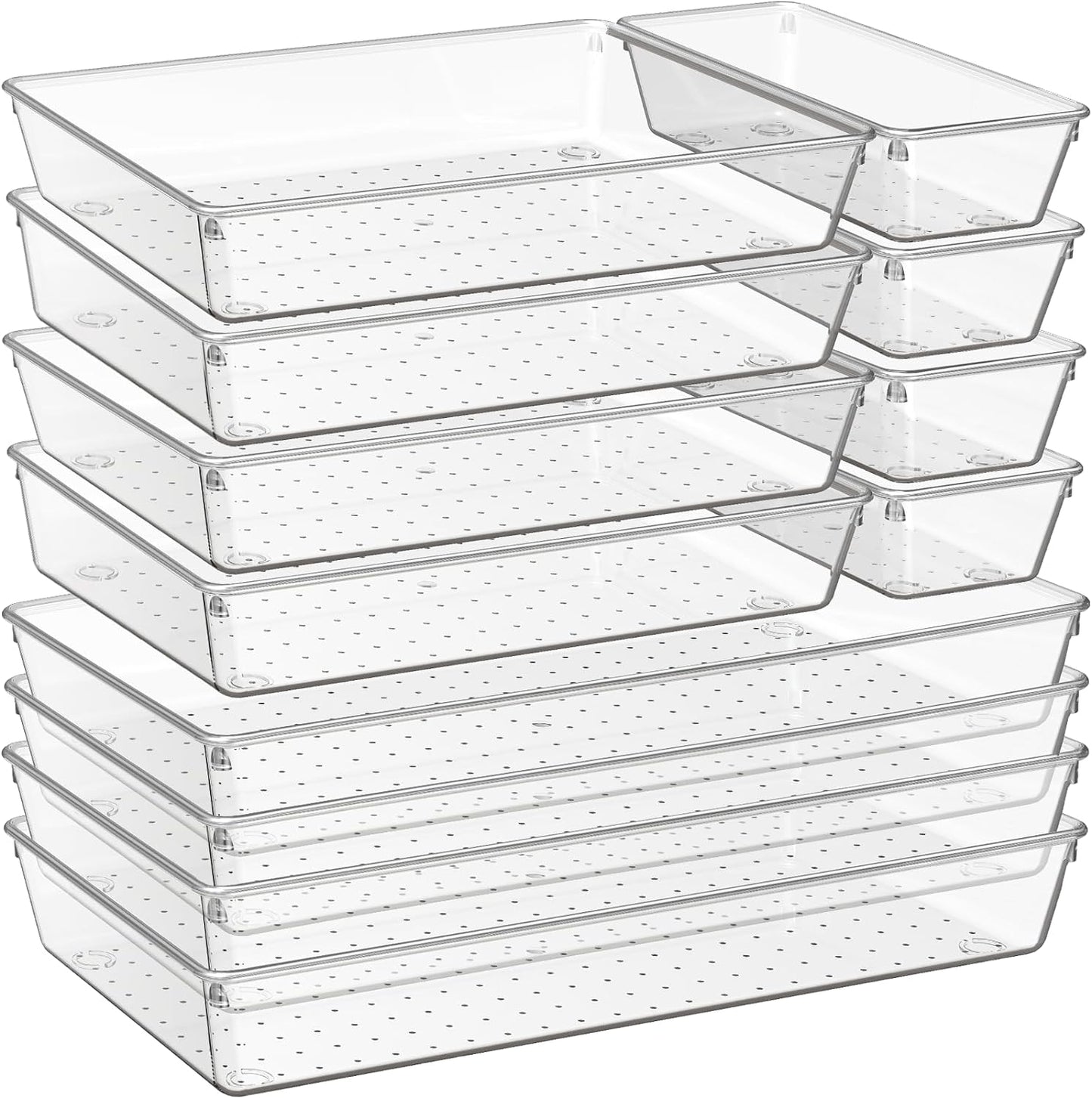 6 Pack Large Clear Plastic Drawer Organizer Trays, Acrylic Kitchen Drawer Organization and Storage Dividers, Non-Slip Storage Bins for Makeup, Kitchen Utensils, Bathroom, Jewelries and Office Desk