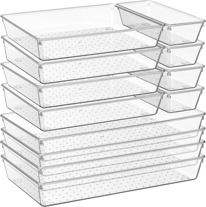 6 Pack Large Clear Plastic Drawer Organizer Trays, Acrylic Kitchen Drawer Organization and Storage Dividers, Non-Slip Storage Bins for Makeup, Kitchen Utensils, Bathroom, Jewelries and Office Desk