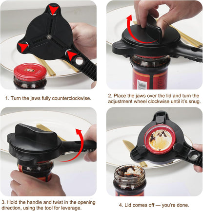 Jar Opener for Seniors, 4-in-1 Adjustable Lid Opener with Non-Slip Grip, Includes Magnetic Hook & Rubber Gripper, Suitable for Jars, Bottles and Beer Caps, Perfect for Arthritis and Weak Hands