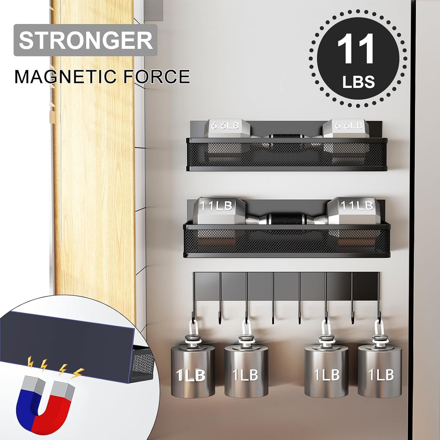 Aufworld Magnetic Spice Rack for Refrigerator, 3 Pack Magnetic Shelf, Moveable Fridge Organizer with 8-Hook Rack, Seasoning Organizer for Kitchen