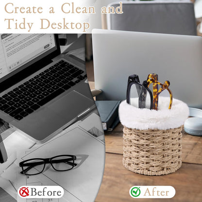 SNOWSTAR Plush Lined Eyeglasses Holder Stand for Nightstand,Boho Protective Eyeglass Holder with 2 Compartments ﻿