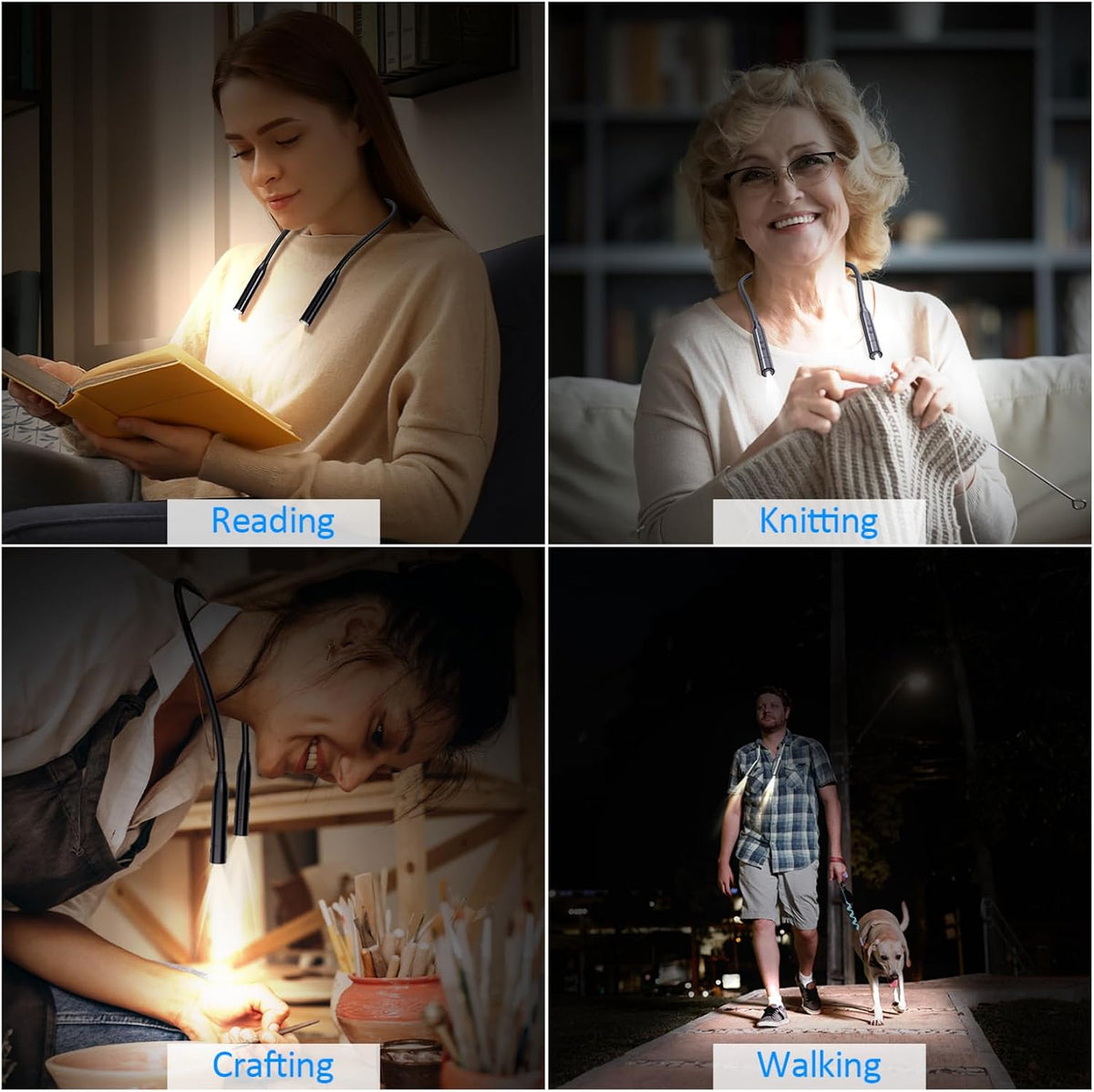 2 Pack Neck Book Lights, 3 Colors & 3 Brightness Levels, Flexible 380° Neck Light Rechargeable, LED Reading Lights for Books in Bed, 80 Hrs Lasting, Perfect for Reading, Knitting, Crafts, Repairs