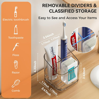 3 Slots Toothbrush Holders with Detachable Dividers for Bathrooms | Toothbrush Holder Wall Mounted with Drip Tray, Electric Tooth Brush and Toothpaste Holder Organizer for Bathroom Countertop