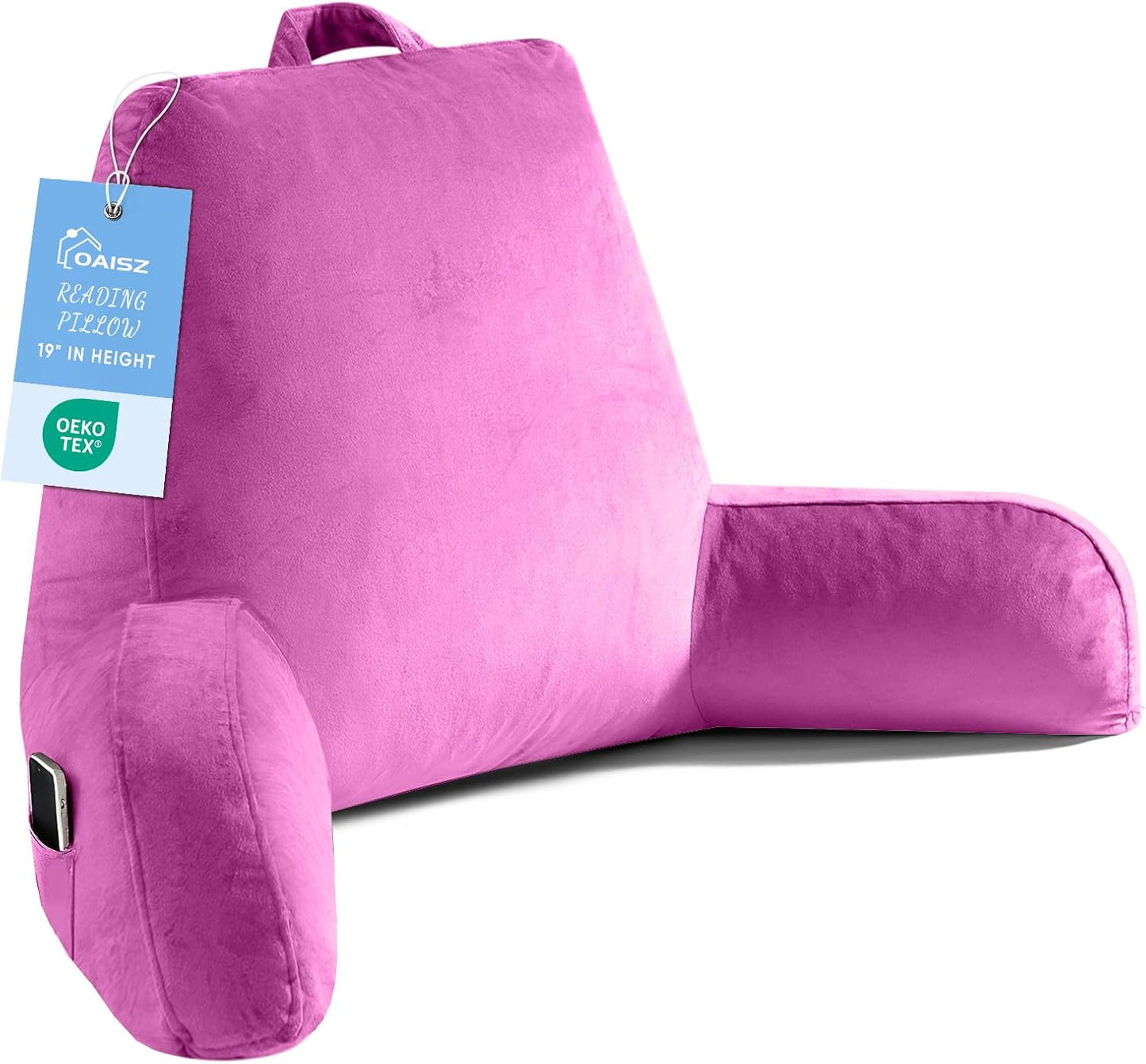 OAISZ Reading Pillow for Sitting in Bed with Shredded Memory Foam, Grey | 19-Inch Back Pillow for Sitting Up in Bed, Extended Arms, Side Pockets, Supportive Adjustable Pillow Removable Washable Cover